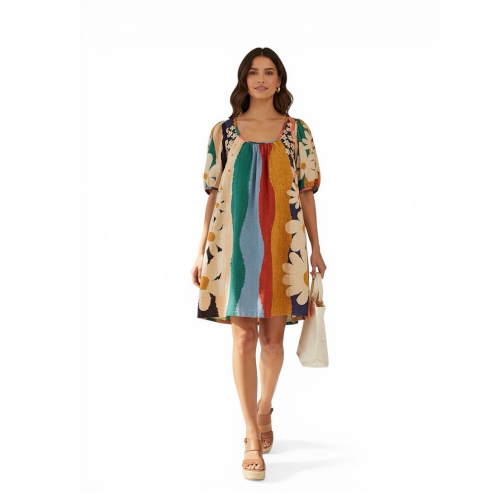 🔴 Farm Rio Multicolor Floral Puff Sleeve Mini Swing Dress S Boho (pockets)